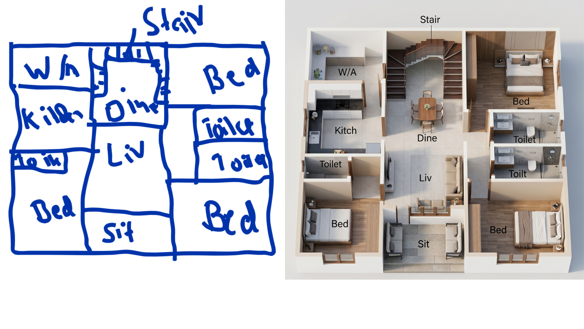 Hand-drawn Sketch → 3D Floor Plan