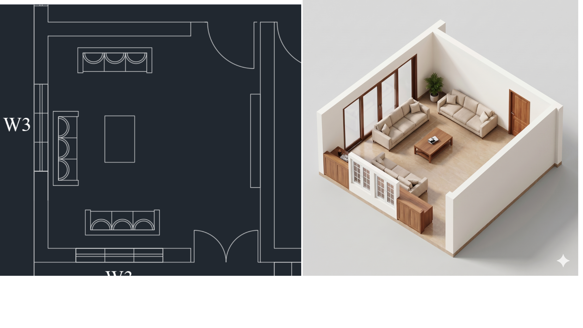 2D Layout → 3D Living Room
