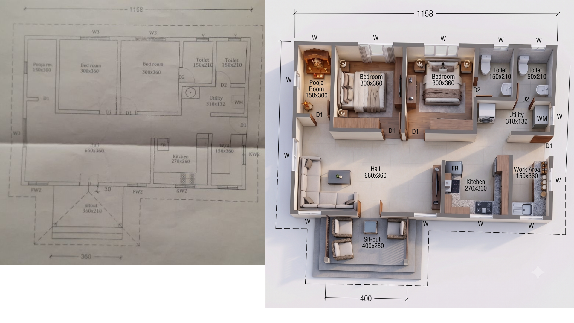 Old Paper Plan → Modern 3D